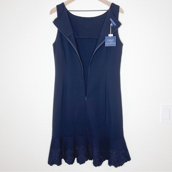 Talbots RSVP Embroidered Flounce Sheath Dress Navy Ponte Sleeveless size 12 NEW - Picture 5 of 10
